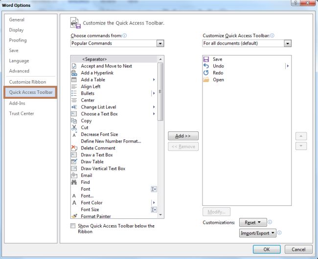 Customize The Quick Access Toolbar In Word 2013