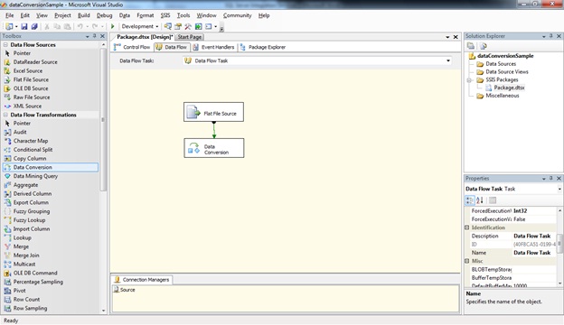 Here we are using a Flat file data source which has 3 columns as strings. Out of the 3, we need to convert the data type of 2 columns.