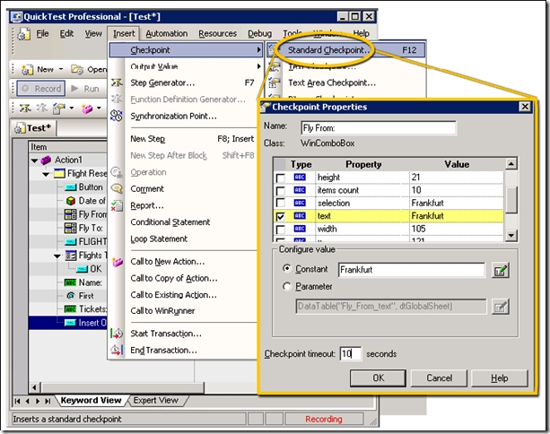 To add a standard checkpoint choose Insert > Checkpoint > Standard Checkpoint, as in: