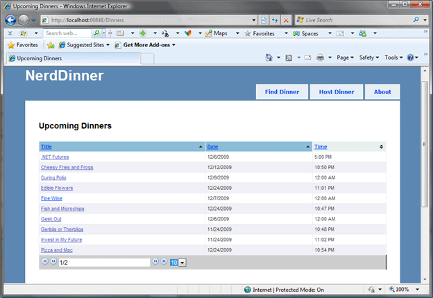 Figure 1: the NerdDinner MVC Application Modified with jQuery's Tablesorter and Pager