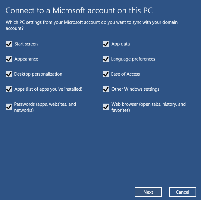 Syncing Microsoft account settings in Windows 10