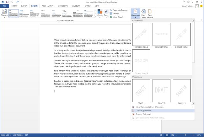 Add Watermark To Word 2013 Documents