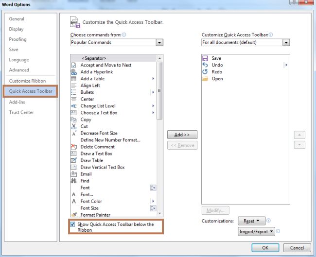 Customize the Quick Access Toolbar in Word 2013