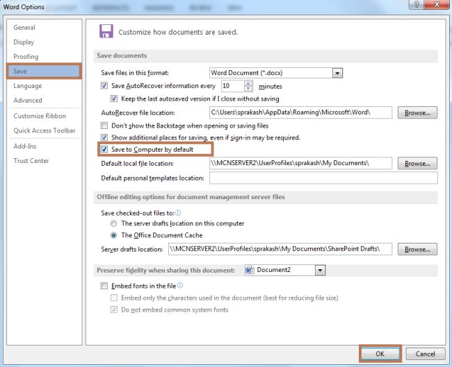 Save Document to Your Computer by Default in Word 2013