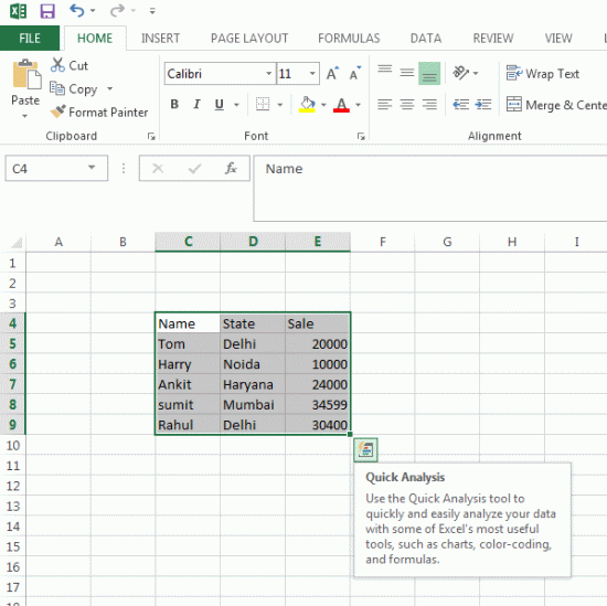 what is quick analysis tool in excel quizlet