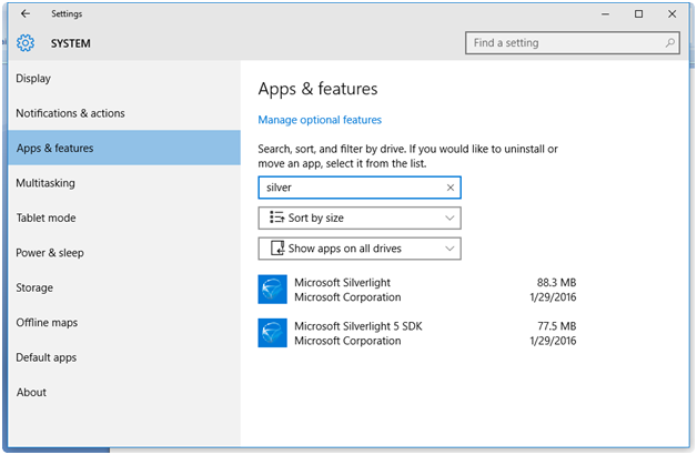 Windows 10 'Apps and Features' Options