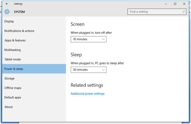 Power And Sleep Options In Windows 10