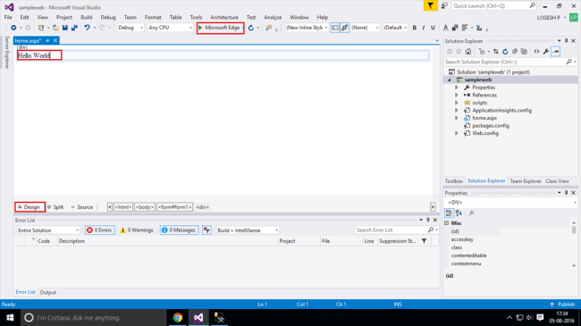 Hello World Webapp In ASP.NET Using Visual Studio 2015