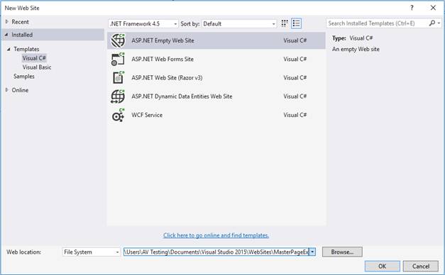 how to creating a website in ASP.net using master page in visual studio 2012