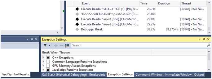 The New Exception Settings Window in Visual Studio 2015 - Azure