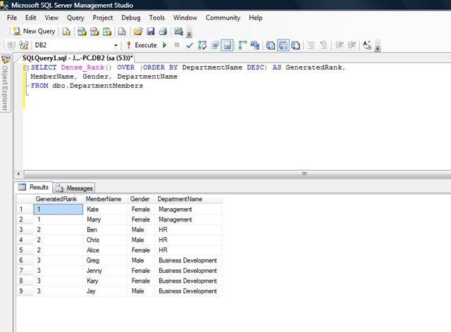 Dense Rank Function in SQL Server