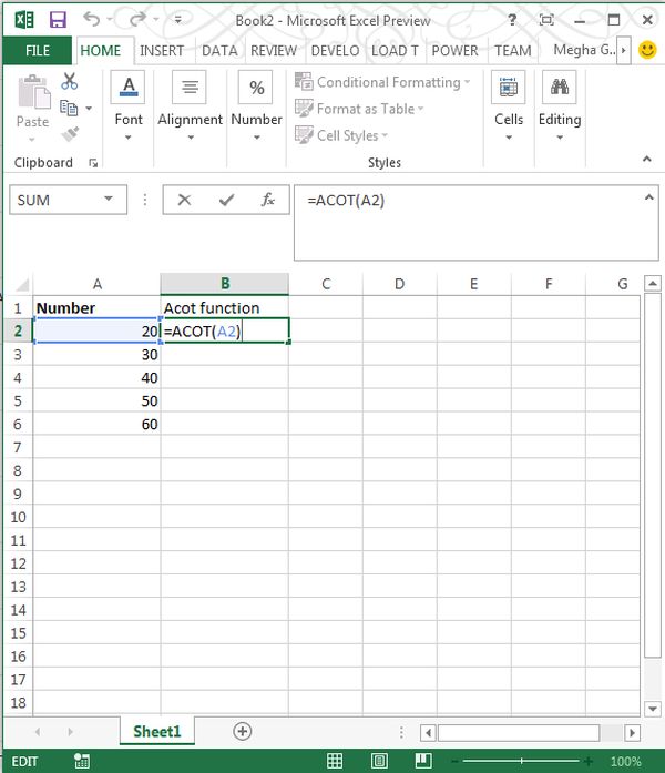 ACot Function in Excel 2013