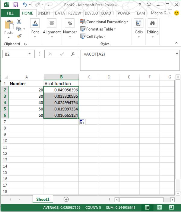 ACot Function in Excel 2013