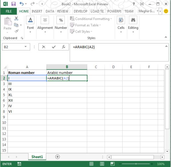 Arabic Function in Excel 2013