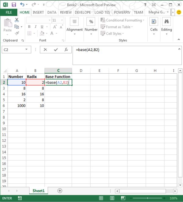 Base Function in Excel 2013