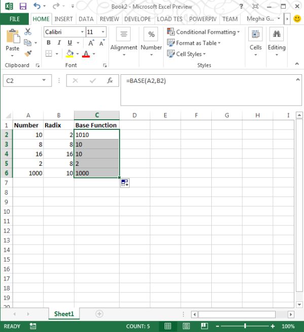 Base Function in Excel 2013