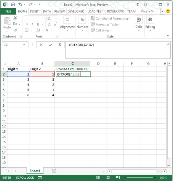 BITXOR Function in Excel 2013