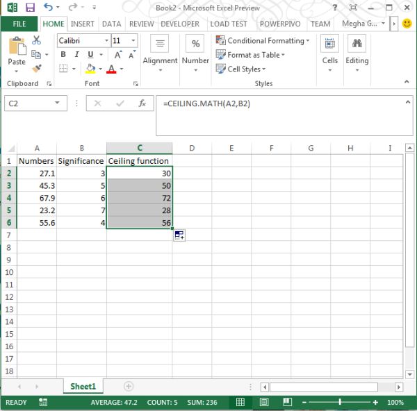 Ceiling.Math Function in Excel 2013