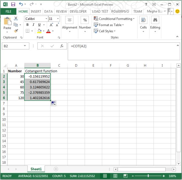 COT Function in Excel 2013