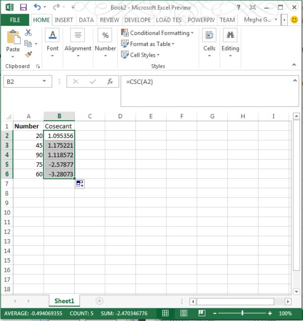 CSC Function in Excel 2013