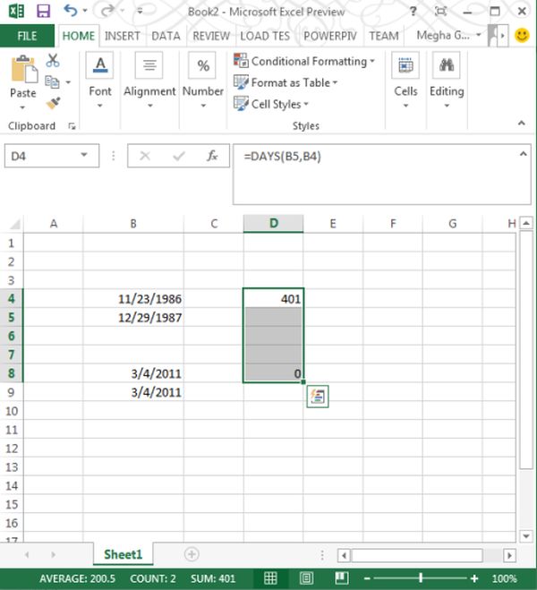 Days Function in Excel 2013