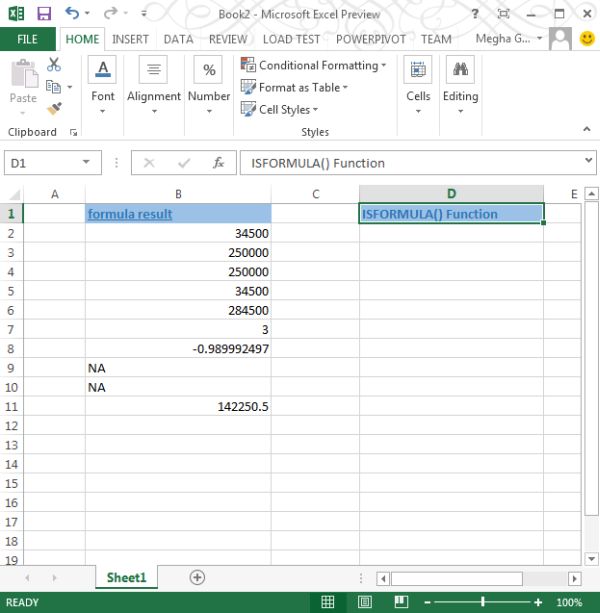 IsFormula Function in Excel 2013