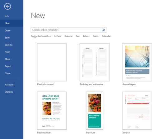 Online Templates in Word 2013