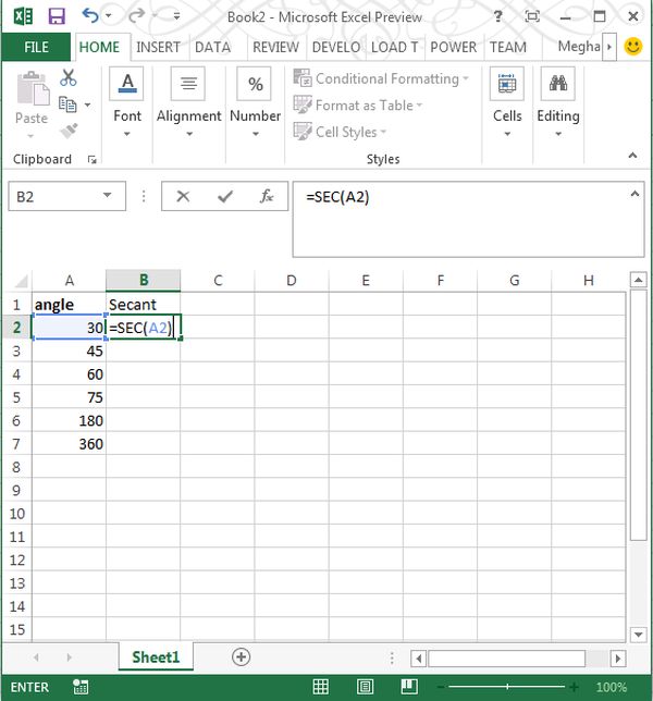 Sec Function in Excel 2013