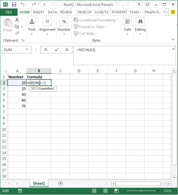 Sech Function in Excel 2013