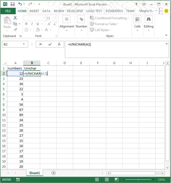 Unichar Function in Excel 2013