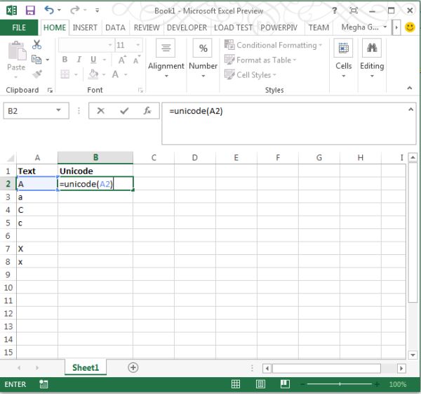 Unicode Function In Excel 2013