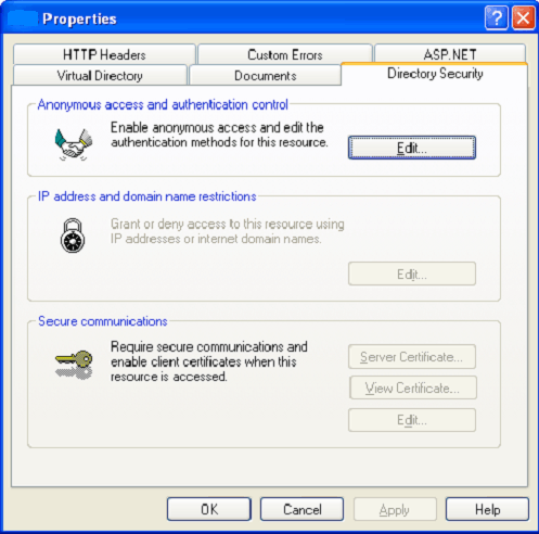 Default web site. Server properties - Security Tab. Huawei Fusion Server Certificate. Logon using Dial-up connection check Box.