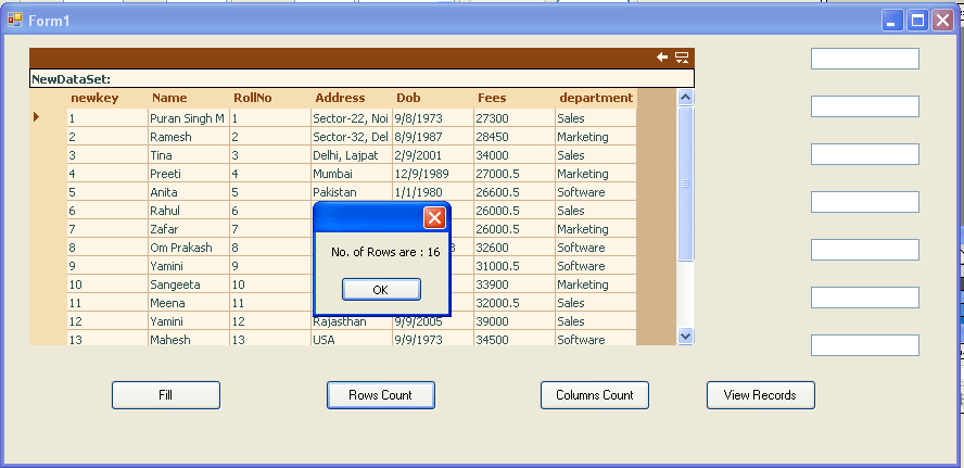 Rows.Count Column.Count and IEnumerator using ADO.NET with C and