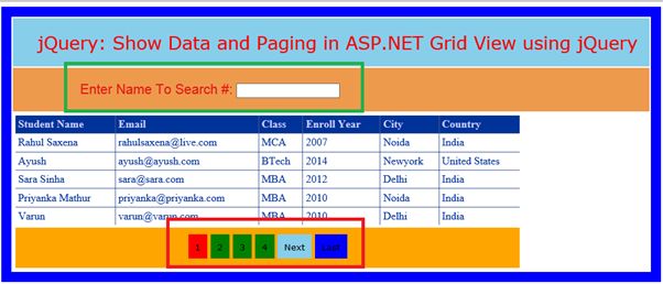 Show Search Data And Paging In ASP.Net Grid View Using JQuery