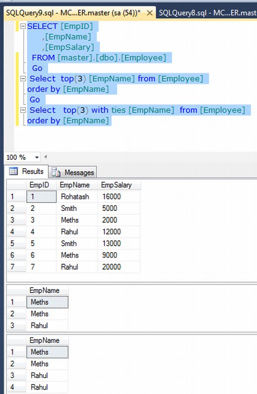 Select Query Using TOP WITH TIES Clause in SQL Server 2012