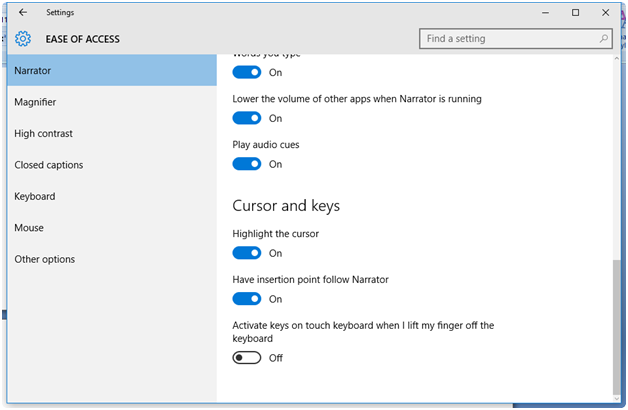 Narrator Option In Windows 10