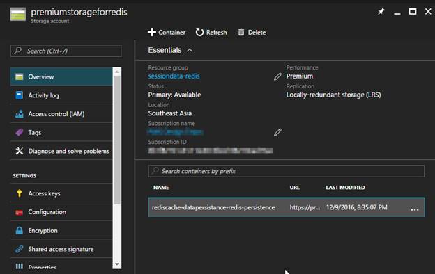 Azure Redis Cache Configure Data Persistence