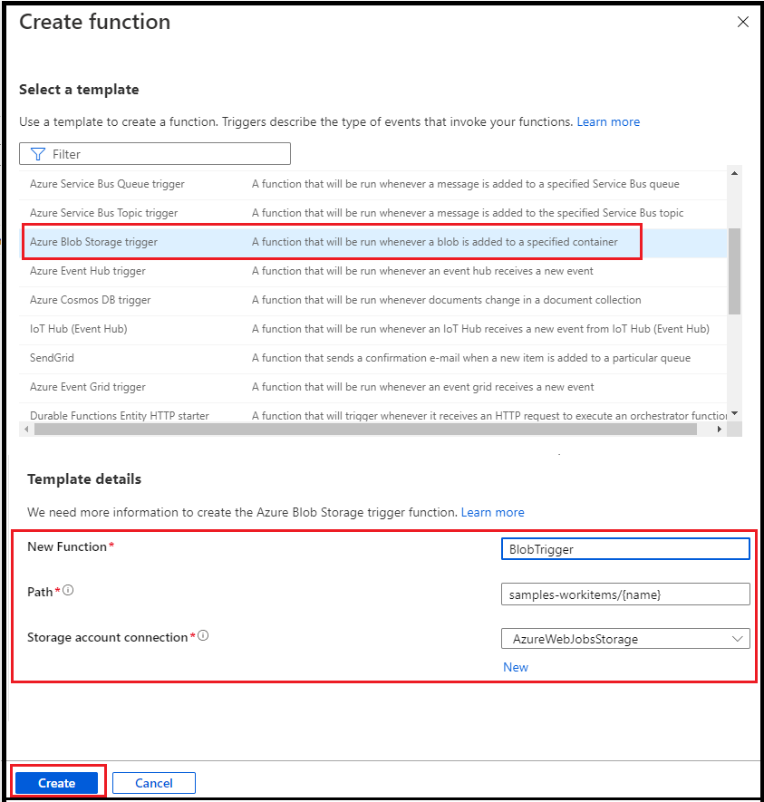 Create Azure Function - Blob Trigger In Azure Portal