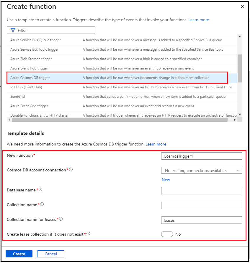 Create Azure Function – Cosmos Trigger In Azure Portal