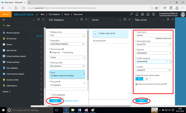 Creating An SQL Server Database In Azure Using Microsoft Visual Studio 2015