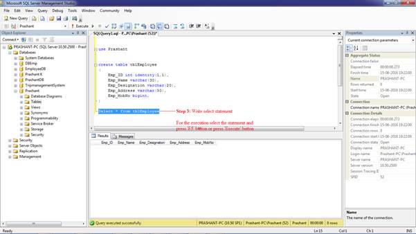 Creating Database and Table in the Microsoft SQL Server