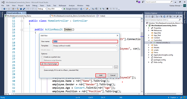 Database Connectivity With And Without Entity Framework In MVC