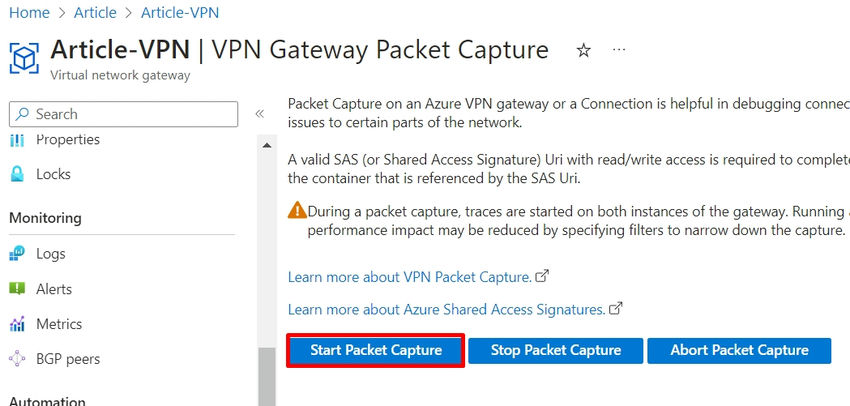 Deploy Packet Capture for Azure VPN Gateway