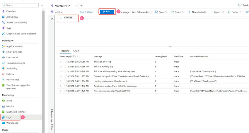 Exporting OpenTelemetry Logs to Azure Monitor using ASP.NET Core