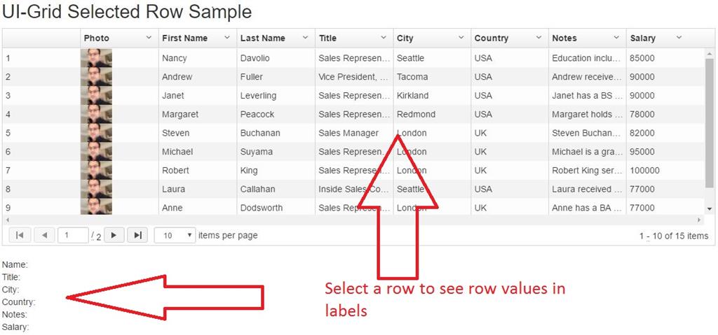 Get selected row column values in AngularJS UI Grid in MVC