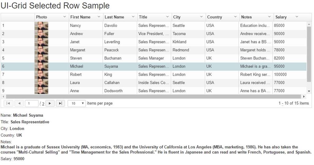 Get selected row column values in AngularJS UI Grid in MVC