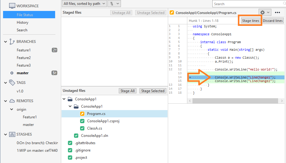 Git - Visual Studio 2022, V17.3.0, Line Staging