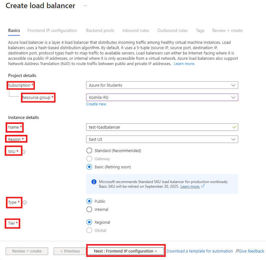 How to create a load balancer in Microsoft Azure portal