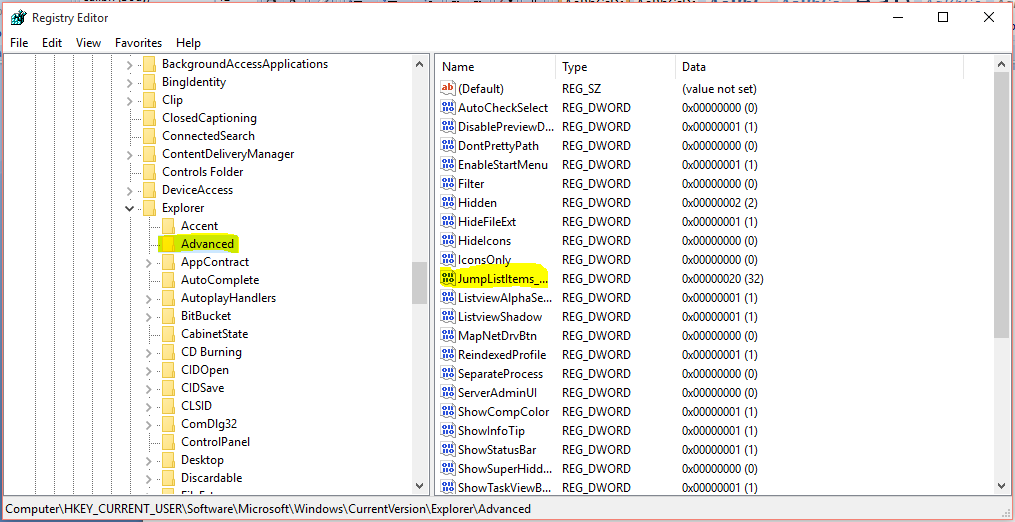 How To Increase The Number Of Jump Lists In Windows 10