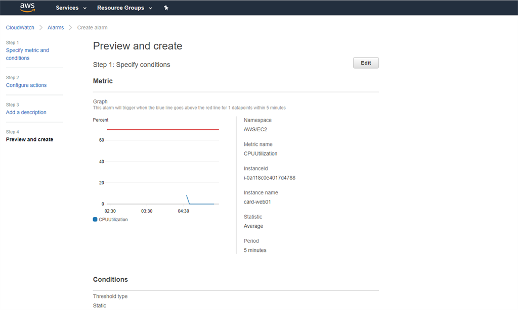 Setting up Alarm on EC2 Instance for CPU Utilization